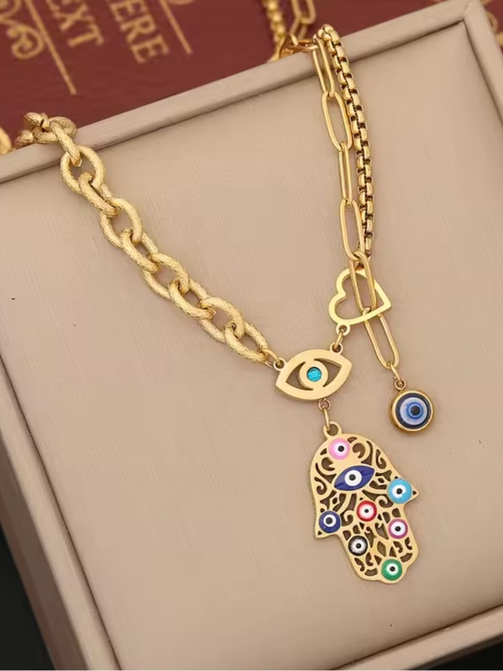 Stainless Steel Gold Hamsa Necklace with Multicolor Eye Charms